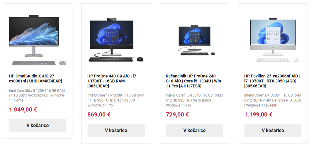 Vse v Enem (AiO) računalniki slika kategorije s štirimi izdelki in integriran link ki vodi na kategorijo računalniki vse v enem